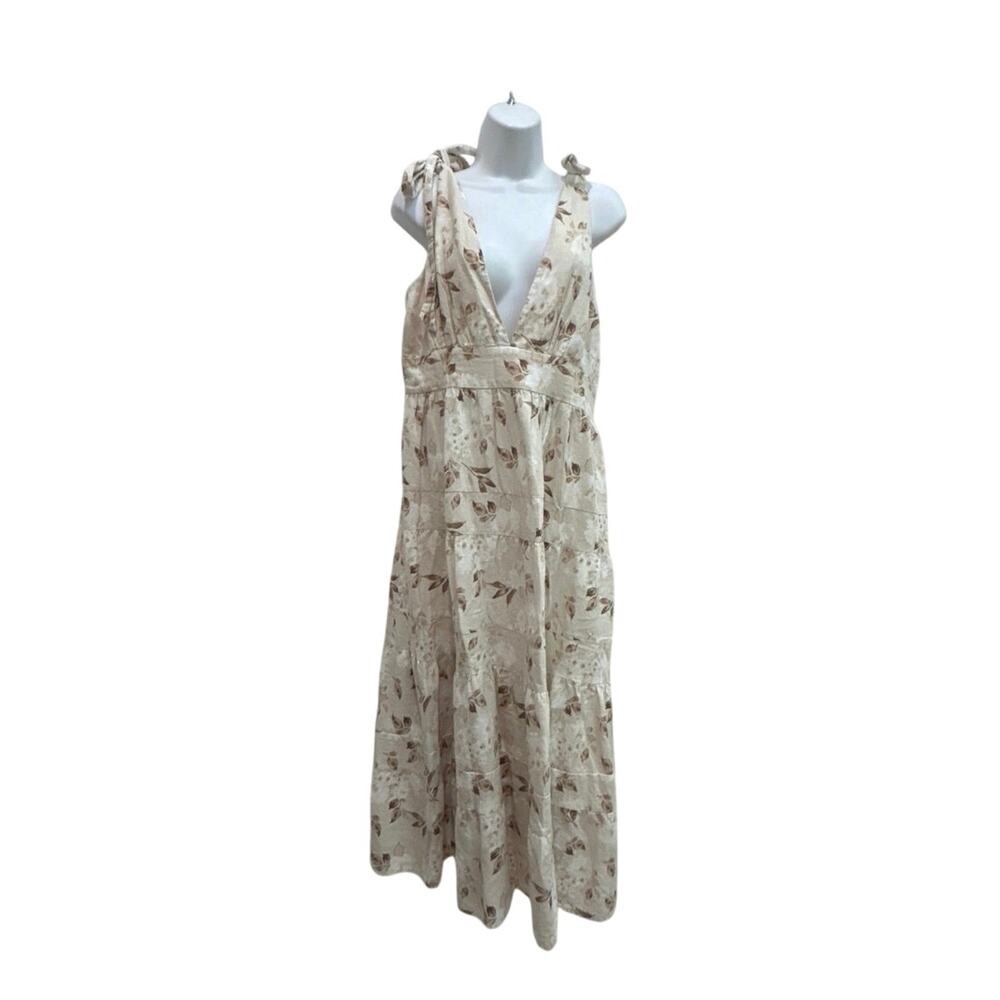 House of Harlow Boho Cream & Brn Floral Tie-Shoulder Maxi Dress, women’s L,